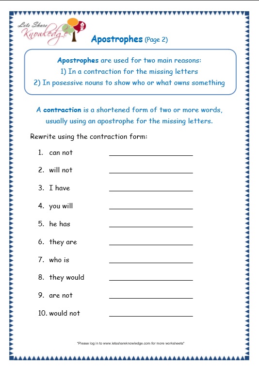 Printable Work Sheets With Apostrophes