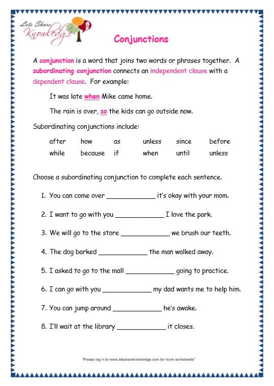 Subordinating Conjunctions Worksheet For 3rd Grade