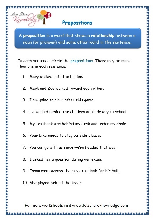 Grade 3 Grammar Topic 17 Prepositions Worksheets Lets Share Knowledge