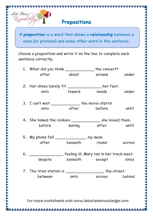 Grade 3 Grammar Topic 17 Prepositions Worksheets Lets Share Knowledge