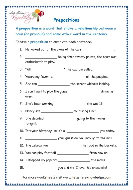 Grade 3 Grammar Topic 17 Prepositions Worksheets Lets Share Knowledge