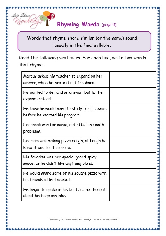 Rhyming Words List For 1st Grade