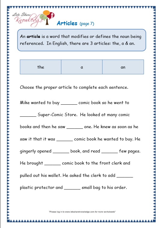 Grade 3 Grammar Topic 34 Articles Worksheets Lets Share Knowledge
