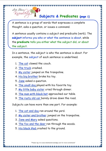 Grade 3 Grammar Topic 38 Subjects And Predicates Worksheets Lets 50 