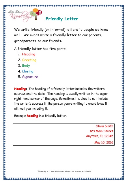 Friendly Letter Format Topics Grade 5 Friendly Letter Belle Divere