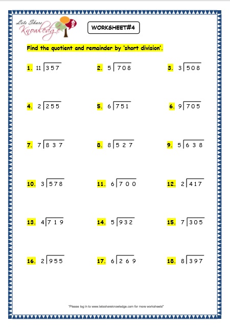 Grade 3 Maths Worksheets Division 67 Short Division With Remainder 