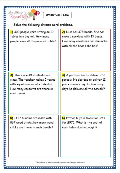 Grade 3 Maths Worksheets Division 6 9 Division Word Problems Lets 