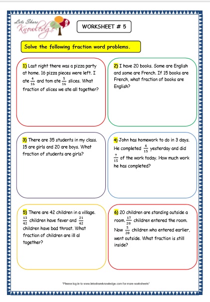 Grade 3 Maths Worksheets 7 9 Fraction Word Problems Lets Share 