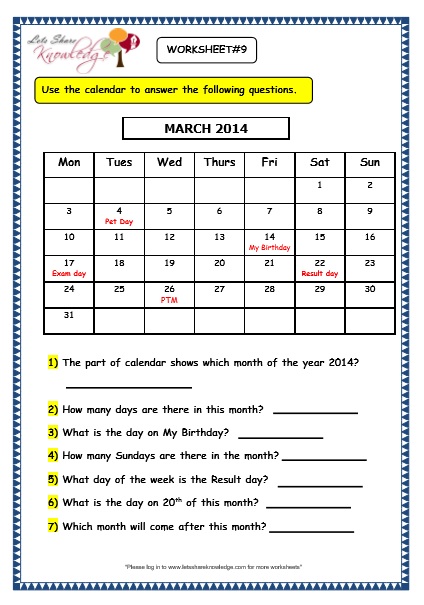 Grade 3 Maths Worksheets 9 1 Calendars Lets Share Knowledge