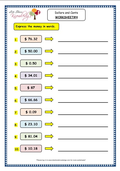 Grade 3 Maths Worksheets: (10.1 Dollars and Cents) - Lets Share Knowledge