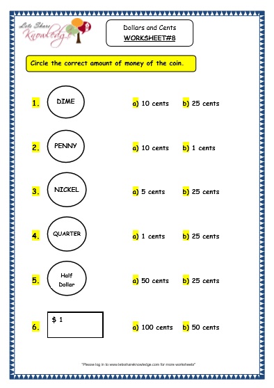 Grade 3 Maths Worksheets: (10.1 Dollars and Cents) - Lets Share Knowledge