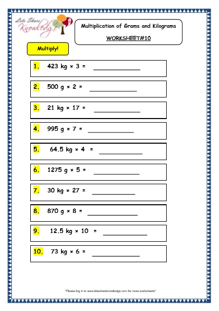 Grade 3 Maths Worksheets: (12.5 Multiplication of Grams and Kilograms