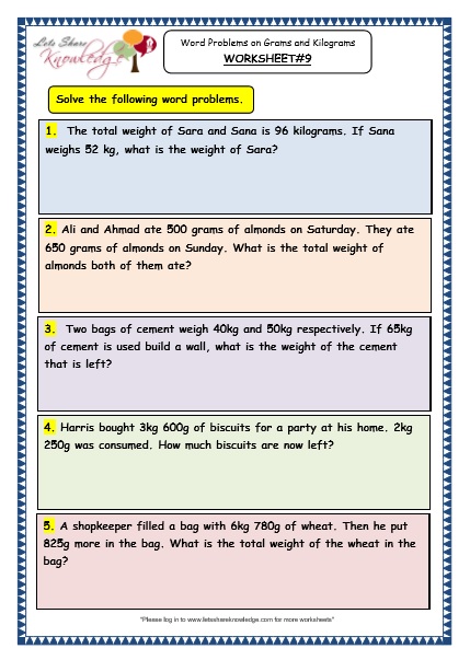 Grade 3 Maths Worksheets: (12.7 Word Problems on Grams and Kilograms