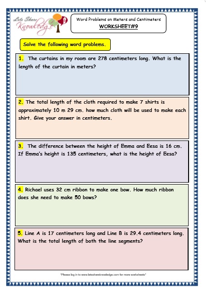 Grade 3 Maths Worksheets: (11.9 Word Problems on Meters and Centimeters