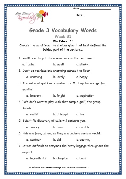 Grade 3: Vocabulary Worksheets Week 31 - Lets Share Knowledge