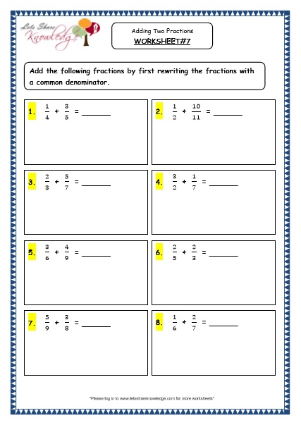 Grade 4 Maths Resources (2.4.1 Adding Two Fractions Printable