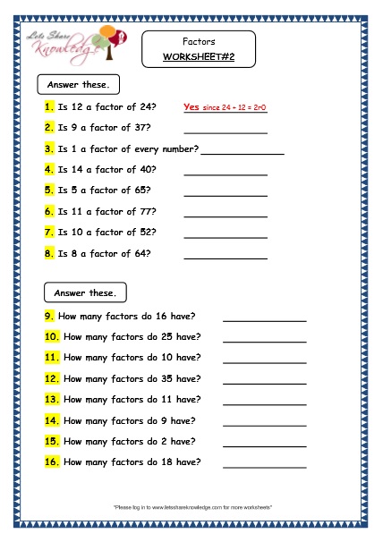 Grade 4 Maths Resources (1.9 Factors Printable Worksheets) - Lets Share