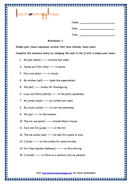 Grade 4 English Resources Printable Worksheets Topic Simple Past 