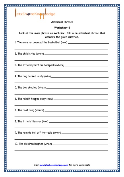 Grade 4 English Resources Printable Worksheets Topic Adverbial Phrases 