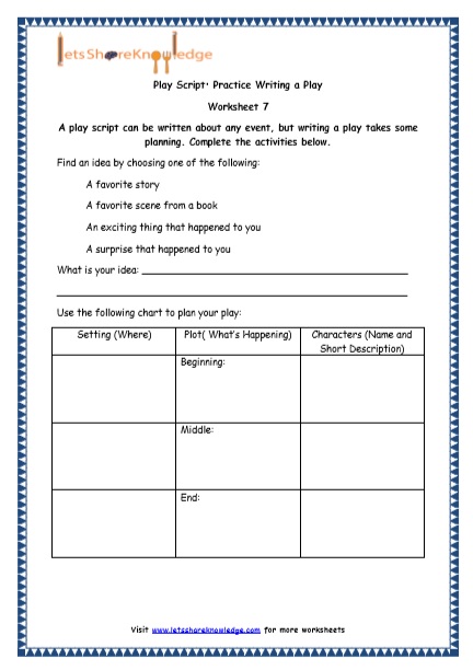 Grade 4 English Resources Printable Worksheets Topic: Play Script