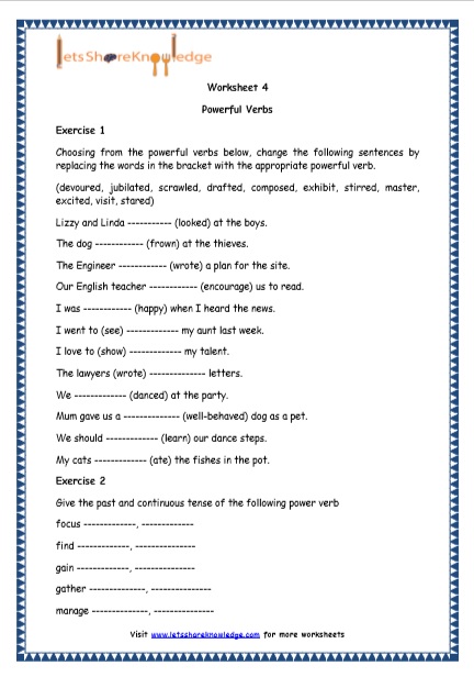 Grade 4 English Resources Printable Worksheets Topic Powerful Verbs 