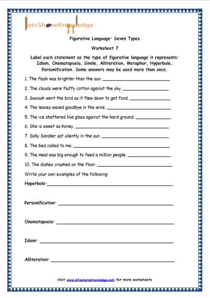 Grade 4 English Resources Printable Worksheets Topic: Figurative