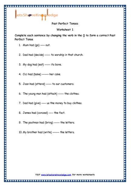 Grade 4 English Resources Printable Worksheets Topic: Past Perfect