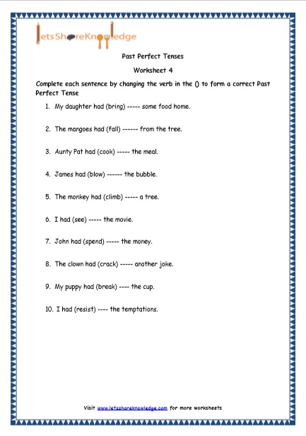 Grade 4 English Resources Printable Worksheets Topic: Past Perfect