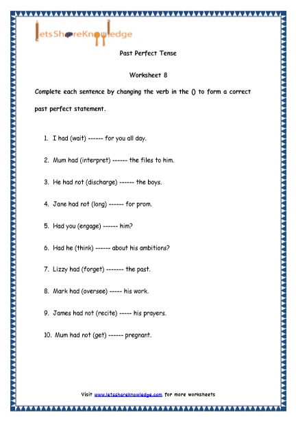 Grade 4 English Resources Printable Worksheets Topic Past Perfect Tenses Lets Share Knowledge