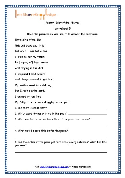 Grade 4 English Resources Printable Worksheets Topic: Poetry - Lets