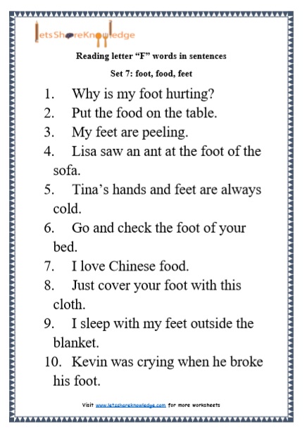 Kindergarten Reading Practice for Letter "F" Words in Sentences