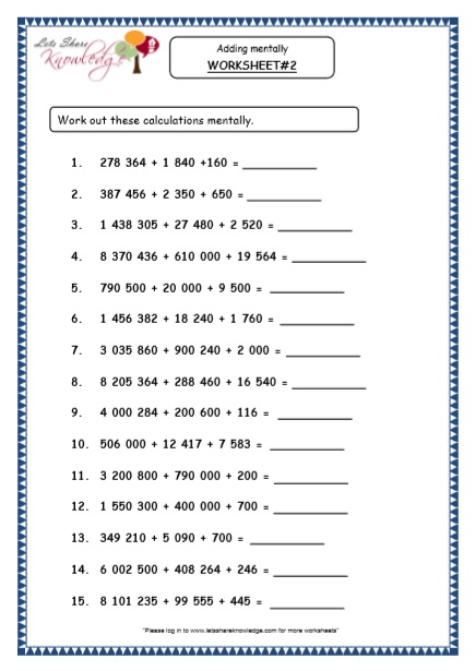 Grade 5 Maths Resources (Adding Mentally Printable Worksheets) – Lets