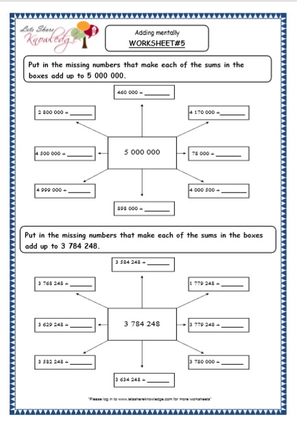 Grade 5 Maths Resources (Adding Mentally Printable Worksheets) – Lets