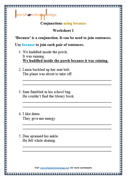 Grade 1 Grammar: Conjunctions using 'because' printable worksheets