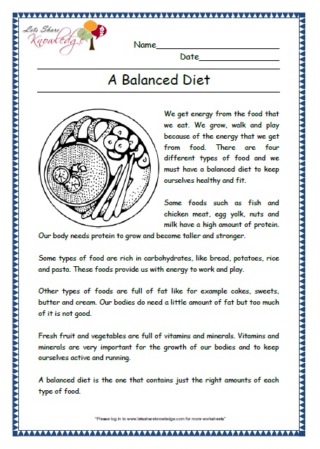 balanced diet grade 2 comprehension worksheet