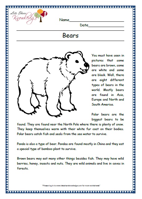 bears grade 2 comprehension worksheet