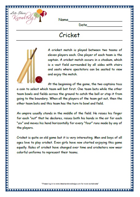 cricket grade 2 comprehension worksheet