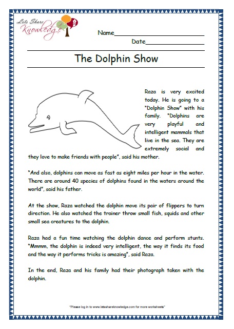 dolphin grade 2 comprehension worksheet