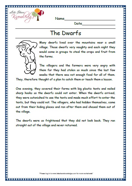 dwarfs grade 2 comprehension worksheet