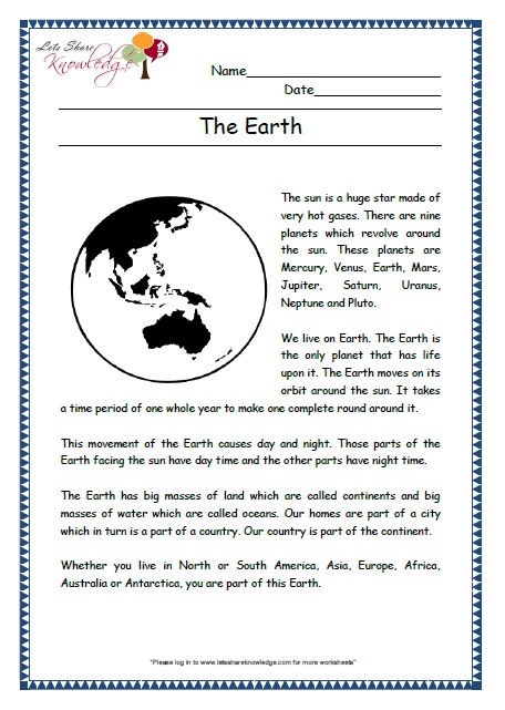 earth grade 2 comprehension worksheet