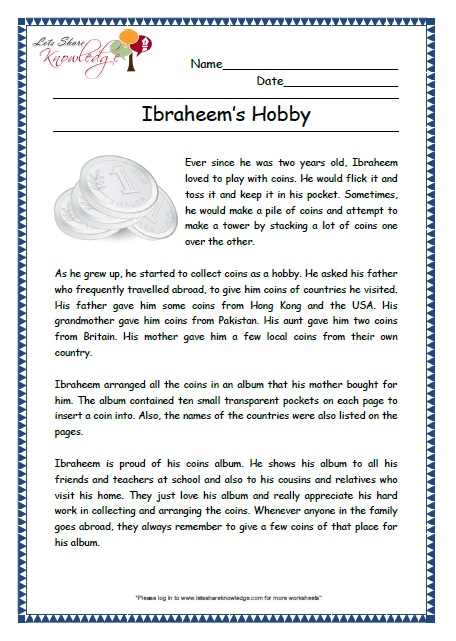 ibraheems hobby grade 2 comprehension worksheet
