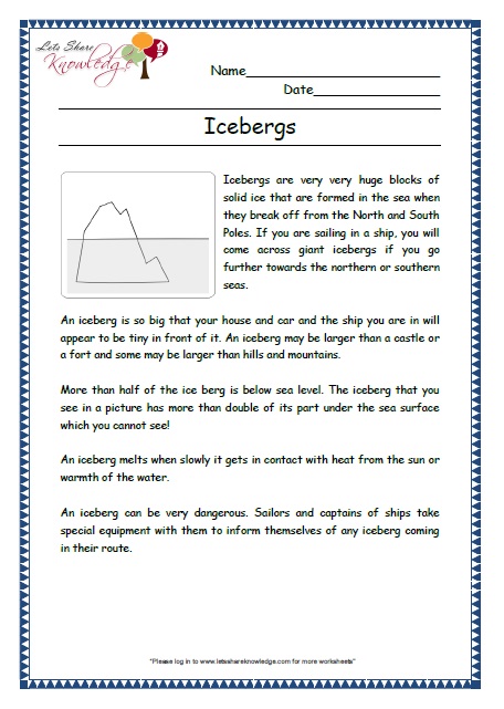 iceberg grade 2 comprehension worksheet