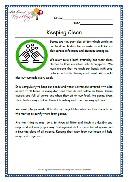 keeping clean grade 2 comprehension worksheet
