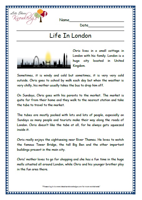 life in london grade 2 comprehension worksheet