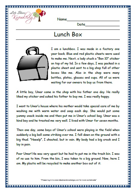 lunch box grade 2 comprehension worksheet