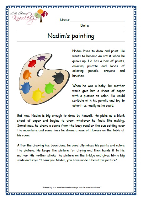 nadim painting grade 2 comprehension worksheet