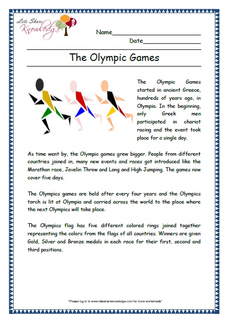 olympics grade 2 comprehension worksheet