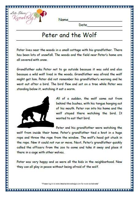 peter and wolf grade 2 comprehension worksheet