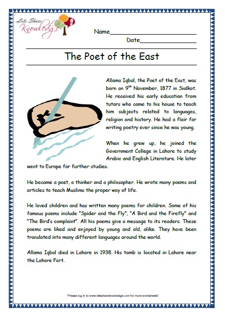 poet of the east grade 2 comprehension worksheet