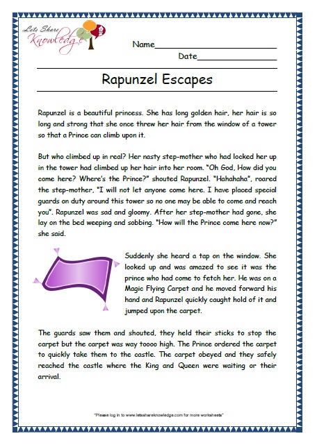 rapunzel grade 2 comprehension worksheet